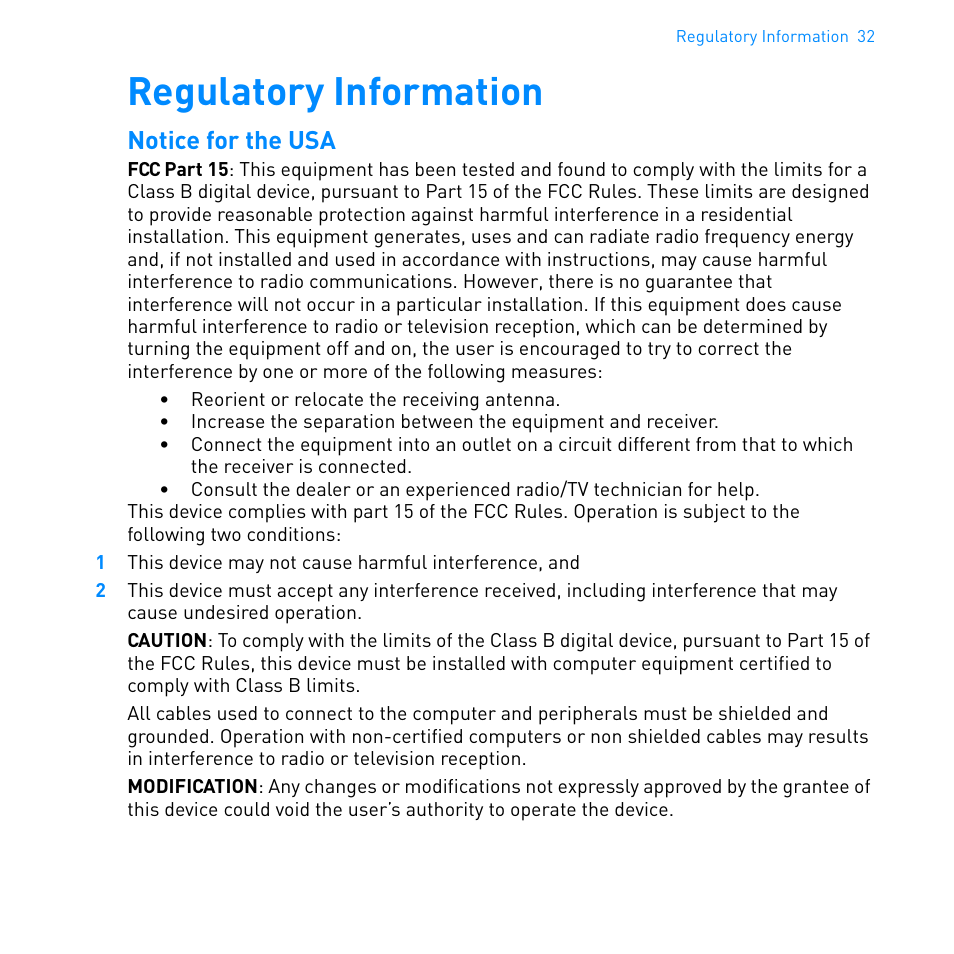 Regulatory information, Notice for the usa | Cambridge SoundWorks MovieWorks HD User Manual | Page 33 / 36