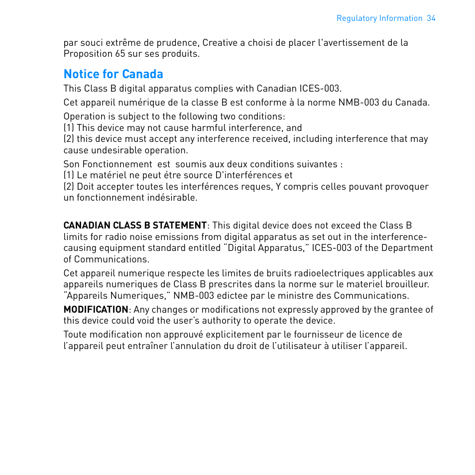 Notice for canada | Cambridge SoundWorks MovieWorks HD User Manual | Page 35 / 36
