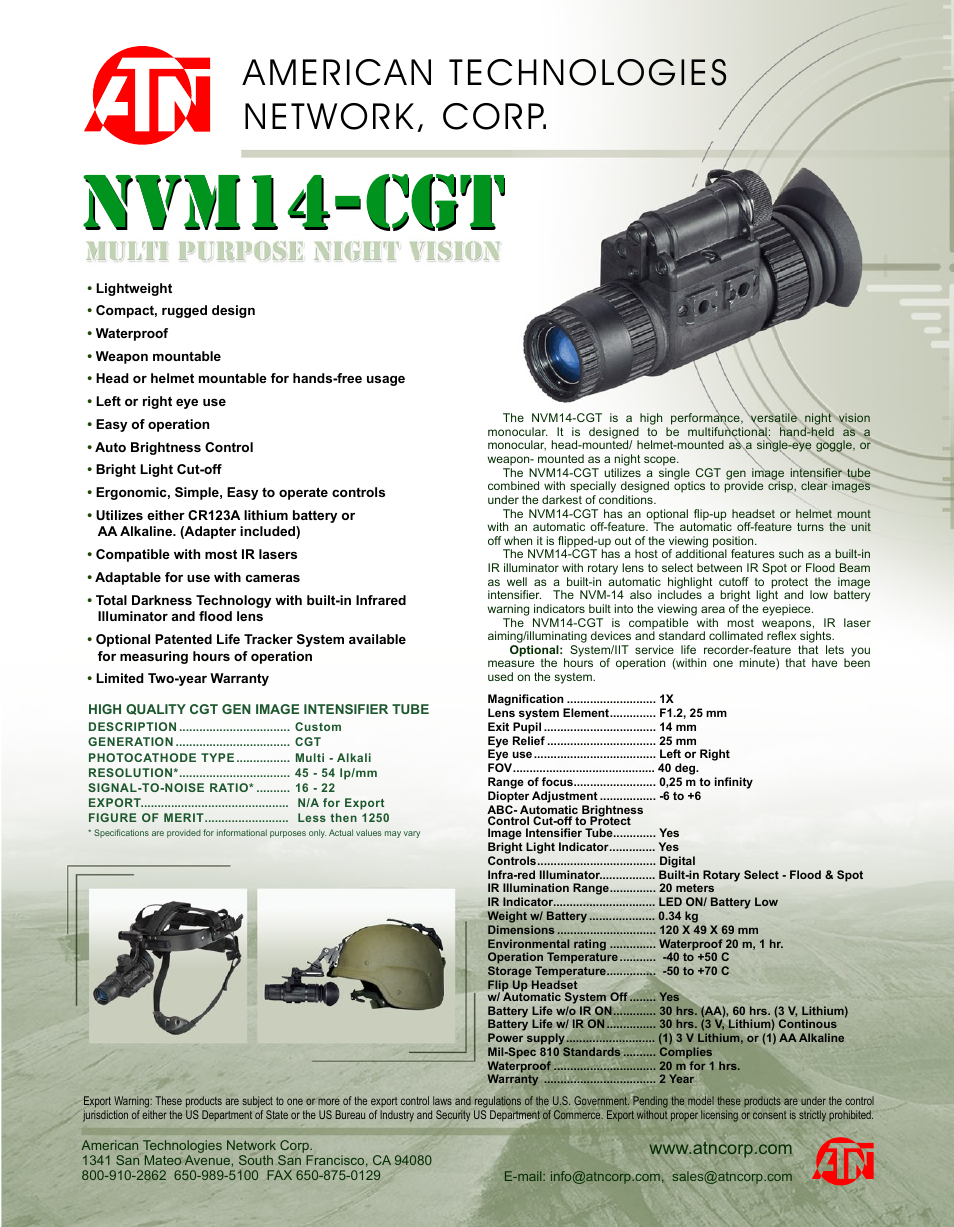 ATN Multi Purpose Night Vision NVM -14-CGT User Manual | 1 page
