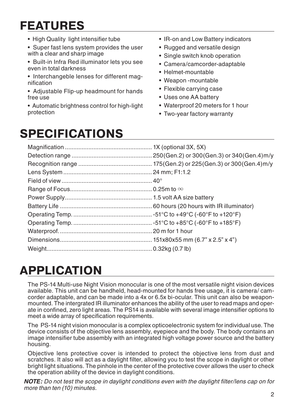 Application, Specifications, Features | ATN PS 14 User Manual | Page 3 / 12