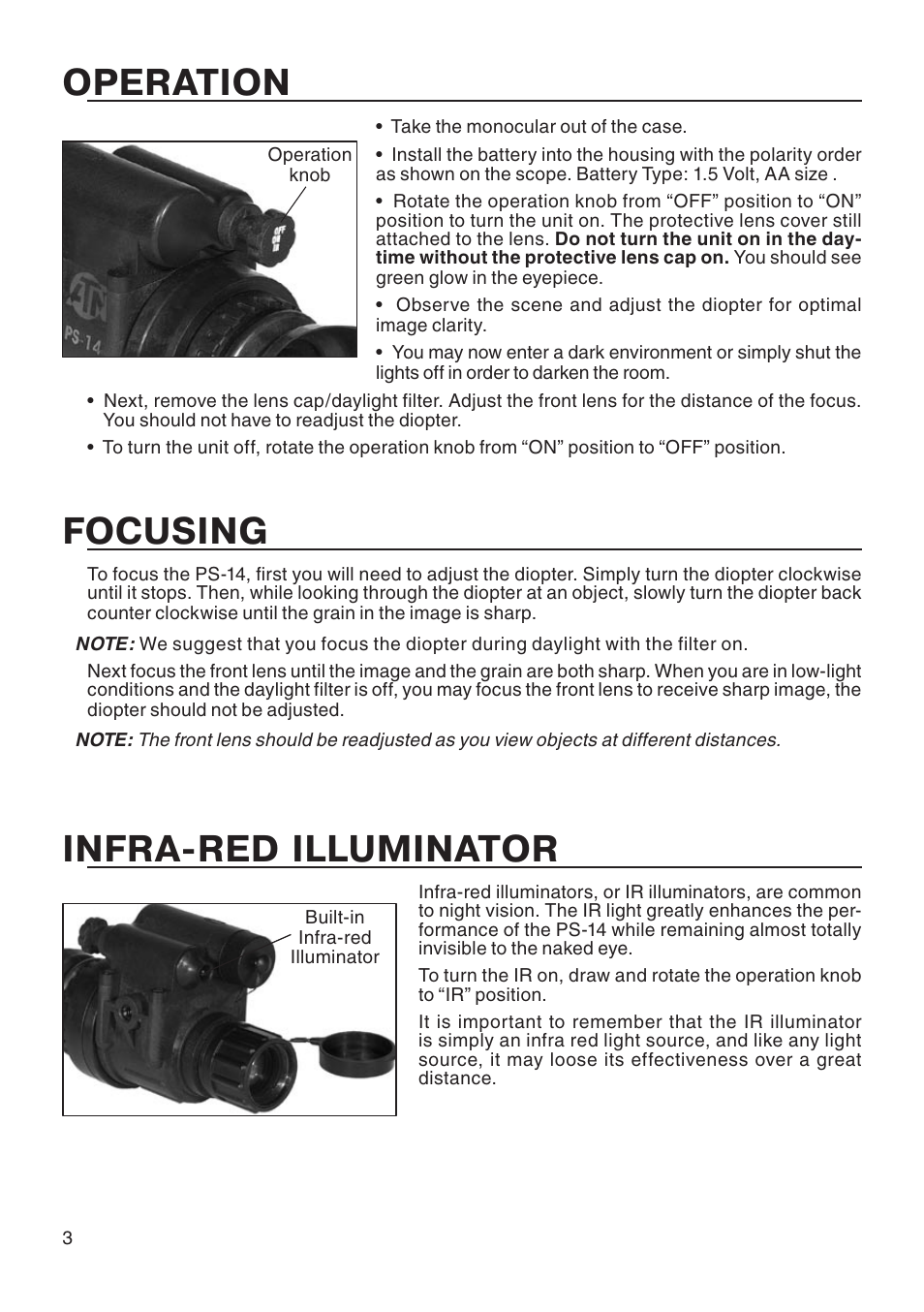 Operation, Focusing, Infra-red illuminator | ATN PS 14 User Manual | Page 4 / 12