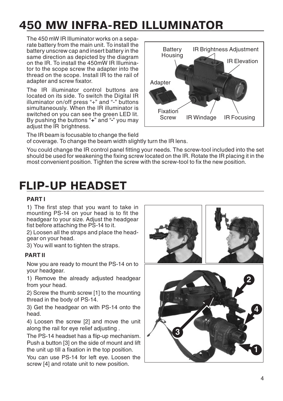 450 mw infra-red illuminator, Flip-up headset | ATN PS 14 User Manual | Page 5 / 12