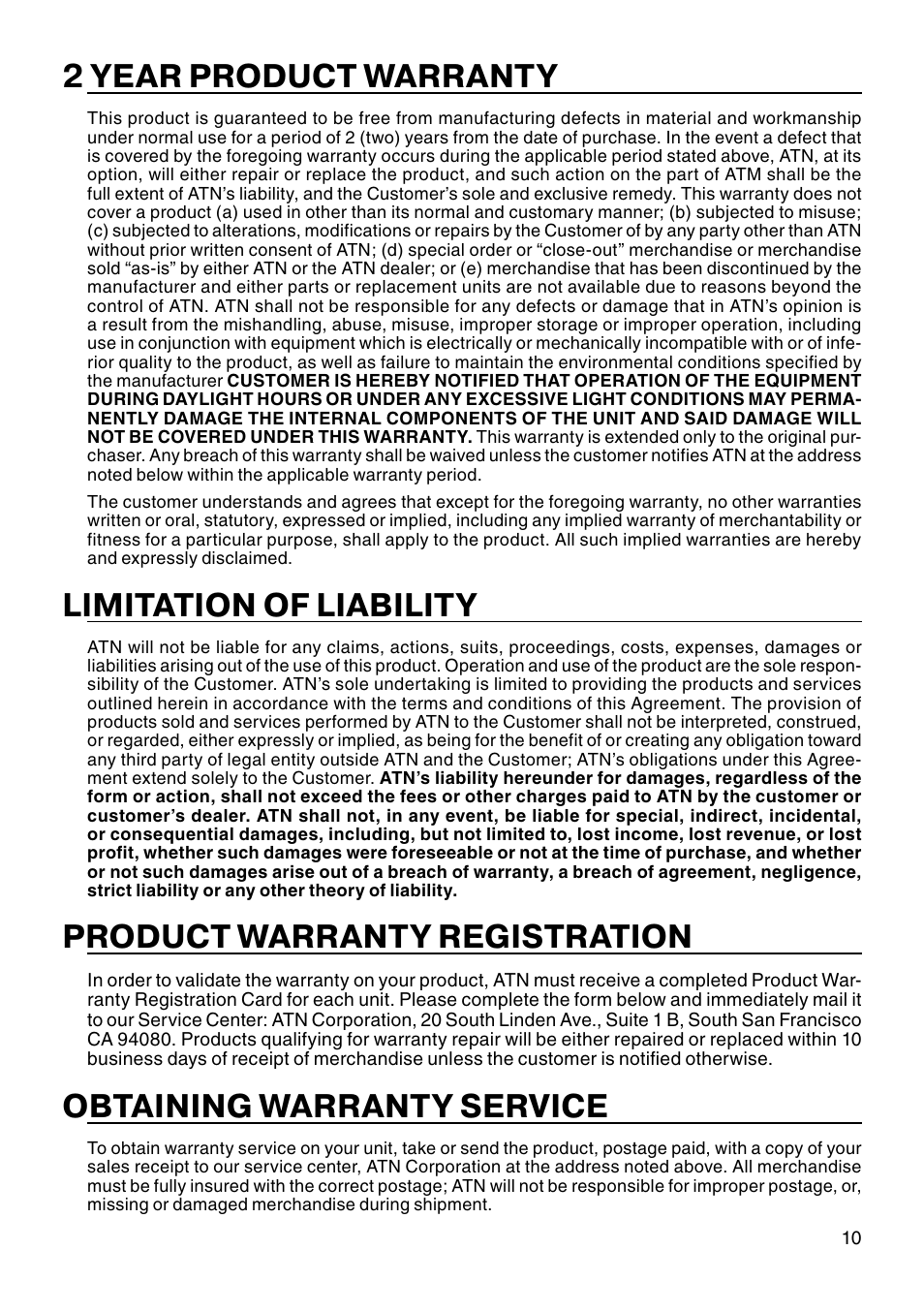 2 year product warranty, Limitation of liability, Product warranty registration | Obtaining warranty service | ATN MK 6600 User Manual | Page 11 / 12