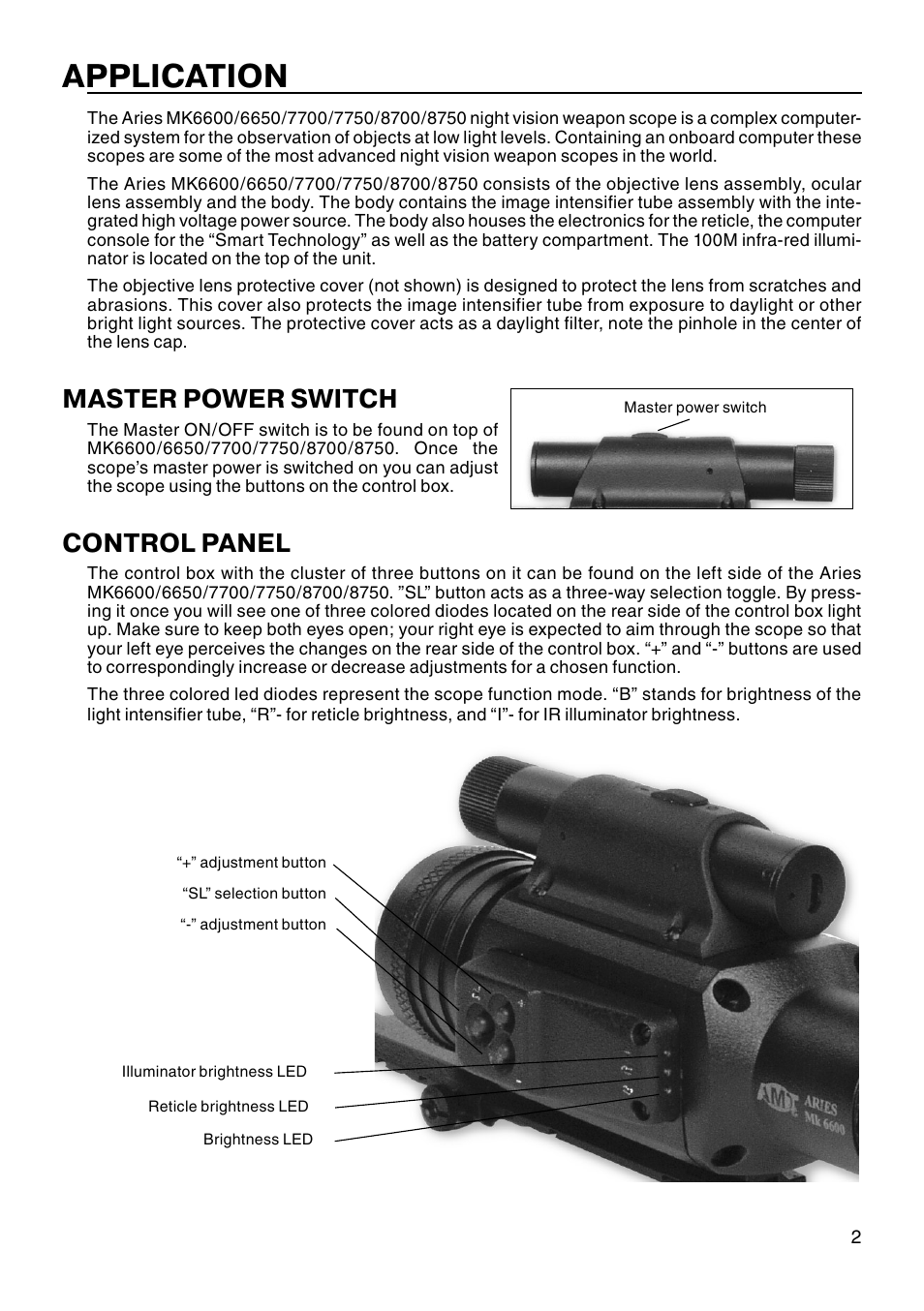 Application, Master power switch, Control panel | ATN MK 6600 User Manual | Page 3 / 12