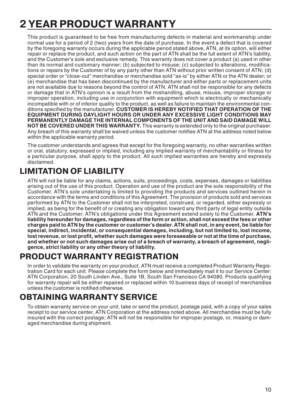 2 year product warranty, Limitation of liability, Product warranty registration | Obtaining warranty service | ATN Mk6500 User Manual | Page 11 / 12