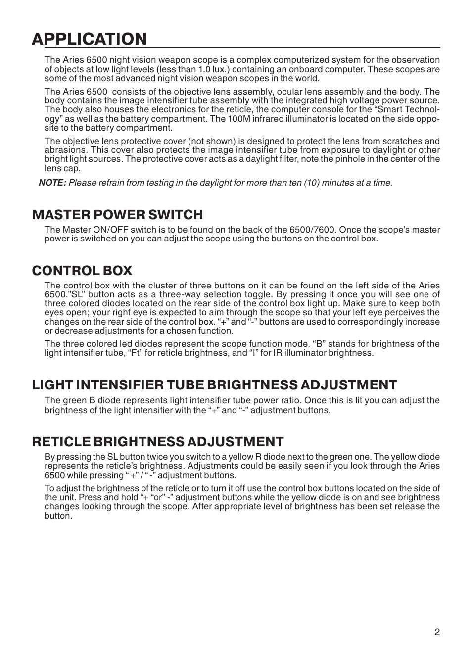 Application, Master power switch, Control box | Light intensifier tube brightness adjustment, Reticle brightness adjustment | ATN Mk6500 User Manual | Page 3 / 12