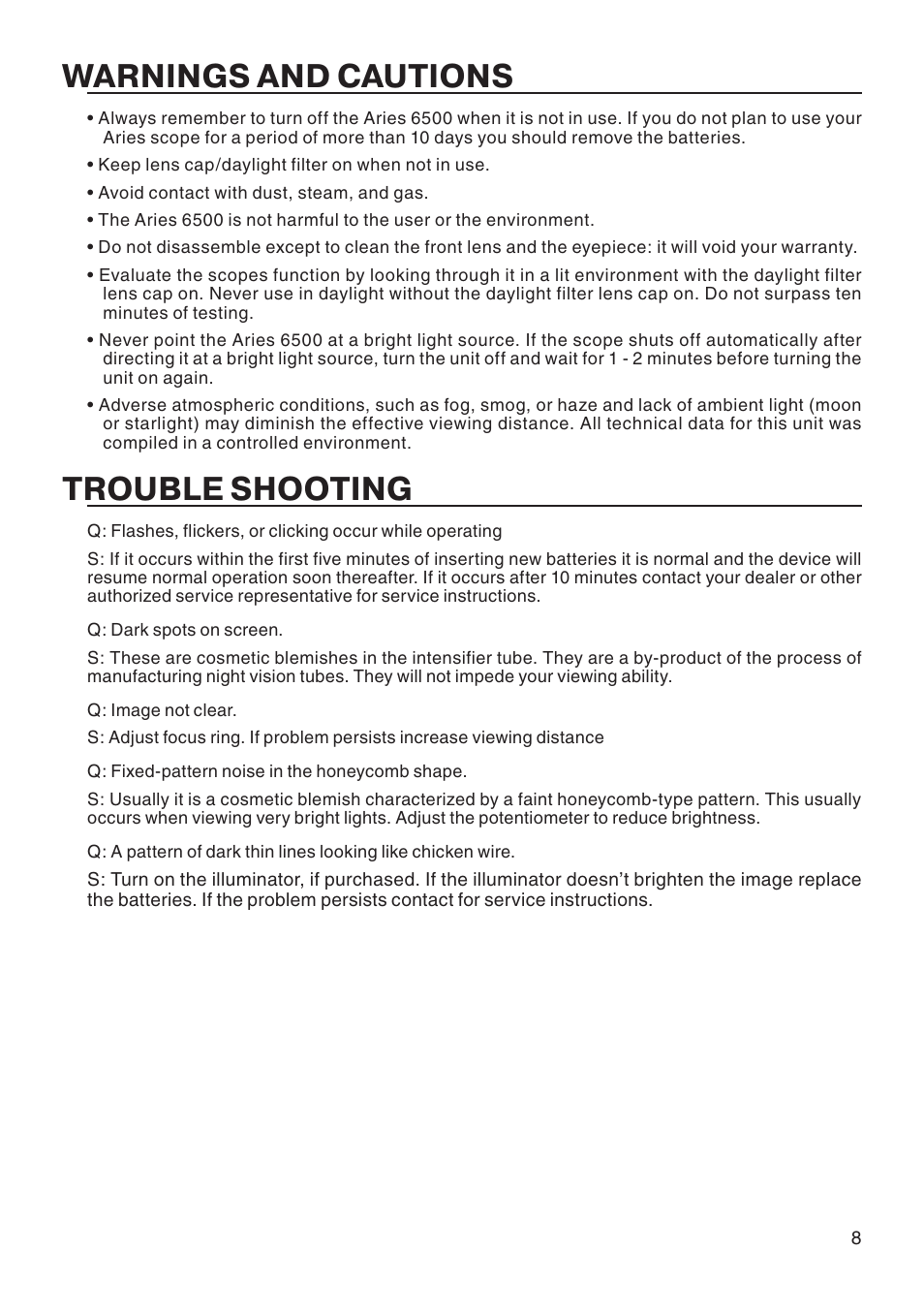 Warnings and cautions, Trouble shooting | ATN Mk6500 User Manual | Page 9 / 12