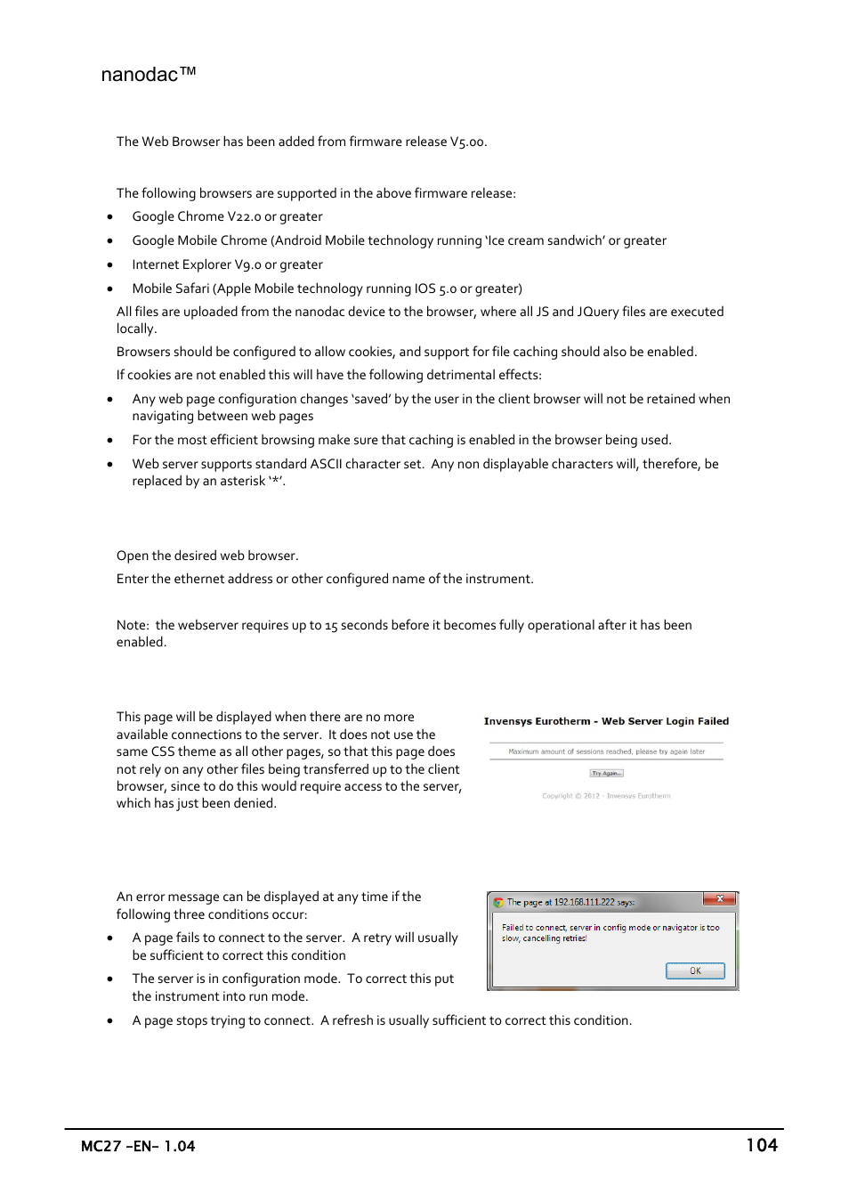 Appendix e: web server, Browsers, Connecting to the internet | Error message, Nanodac | Carbolite nanodac User Manual | Page 106 / 122