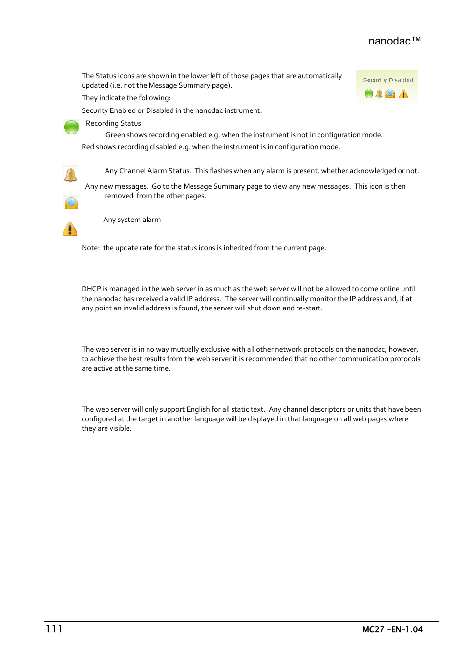 Status icons, Dhcp support, Network protocols | Languages, Nanodac | Carbolite nanodac User Manual | Page 113 / 122