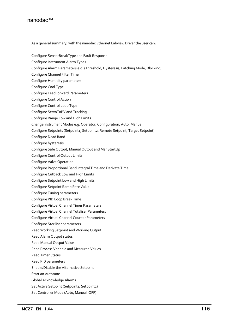 Full driver capabilities list, Nanodac | Carbolite nanodac User Manual | Page 118 / 122