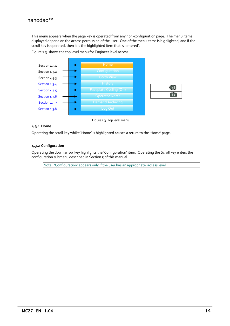 Top level menu, Home, Configuration | Nanodac, 14 4.3 top level menu | Carbolite nanodac User Manual | Page 16 / 122