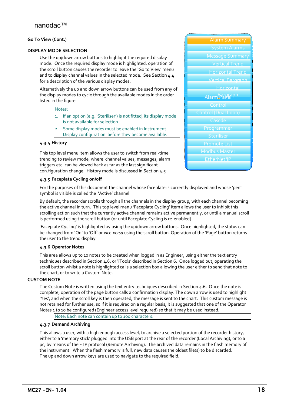 History, Faceplate cycling on/off, Operator notes | Demand archiving, Section 4.3.4, Section 4.3.5, Section 4.3.6, Section 4.3.7, Nanodac | Carbolite nanodac User Manual | Page 20 / 122