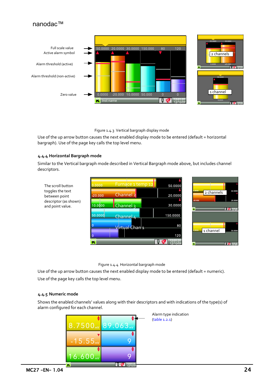 Horizontal bargraph mode, Numeric mode, Horizontal bargraph | Numeric, Nanodac | Carbolite nanodac User Manual | Page 26 / 122