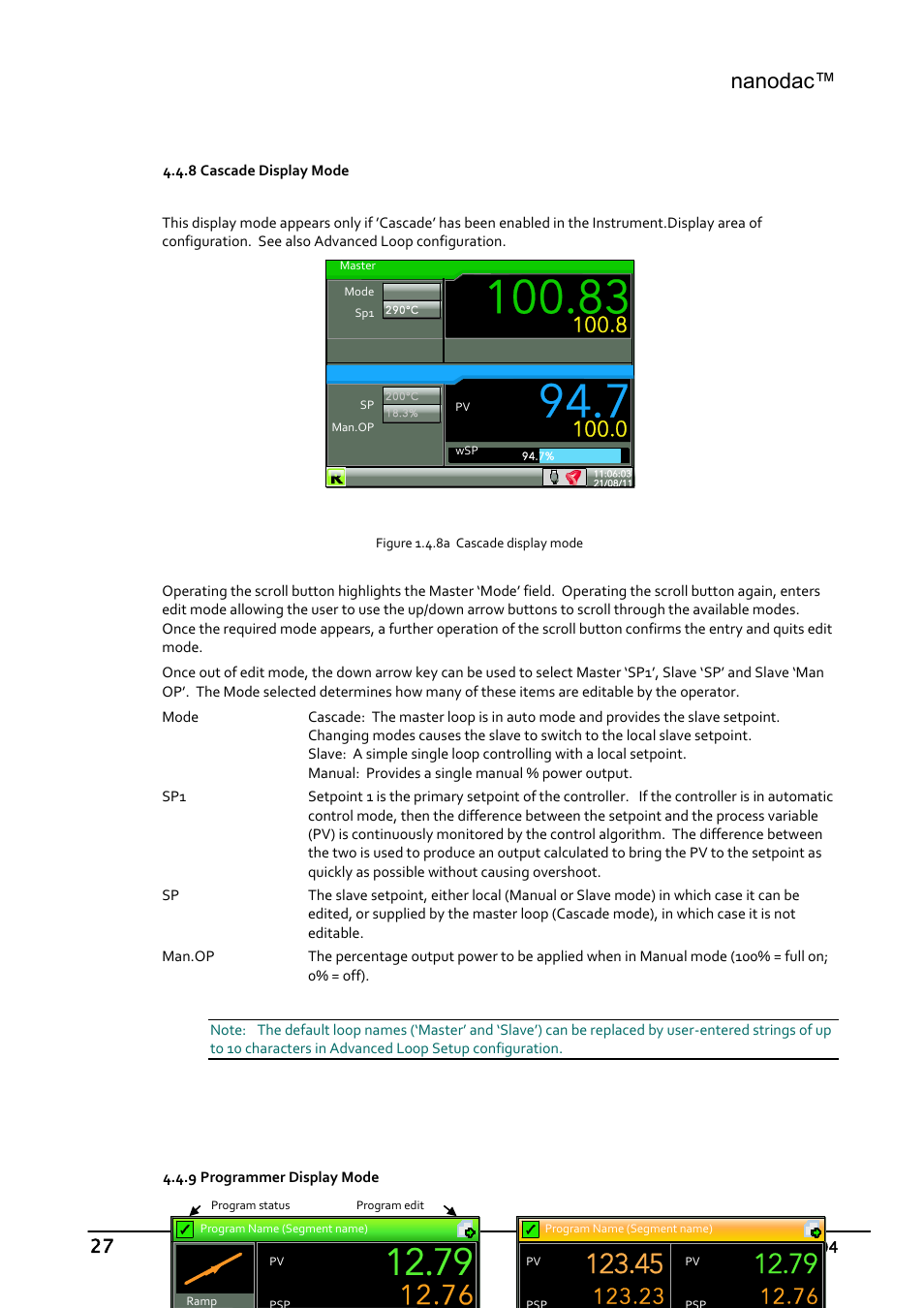 Cascade display mode, Programmer display mode, Nanodac | Carbolite nanodac User Manual | Page 29 / 122