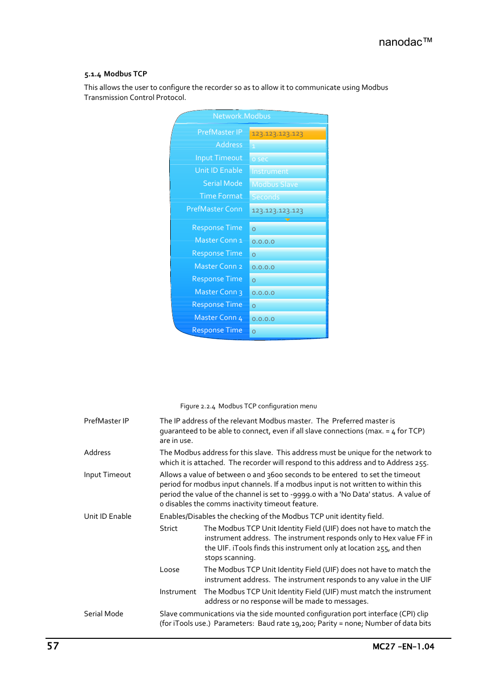 Modbus tcp, Nanodac | Carbolite nanodac User Manual | Page 59 / 122