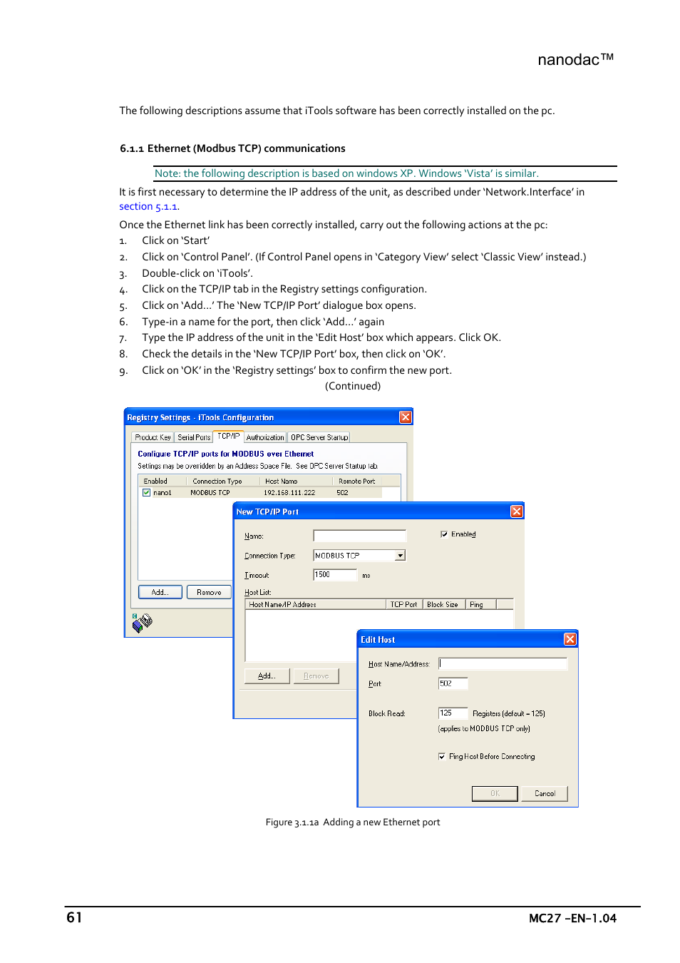 Itools connection, Ethernet (modbus tcp) communications, Nanodac | Carbolite nanodac User Manual | Page 63 / 122