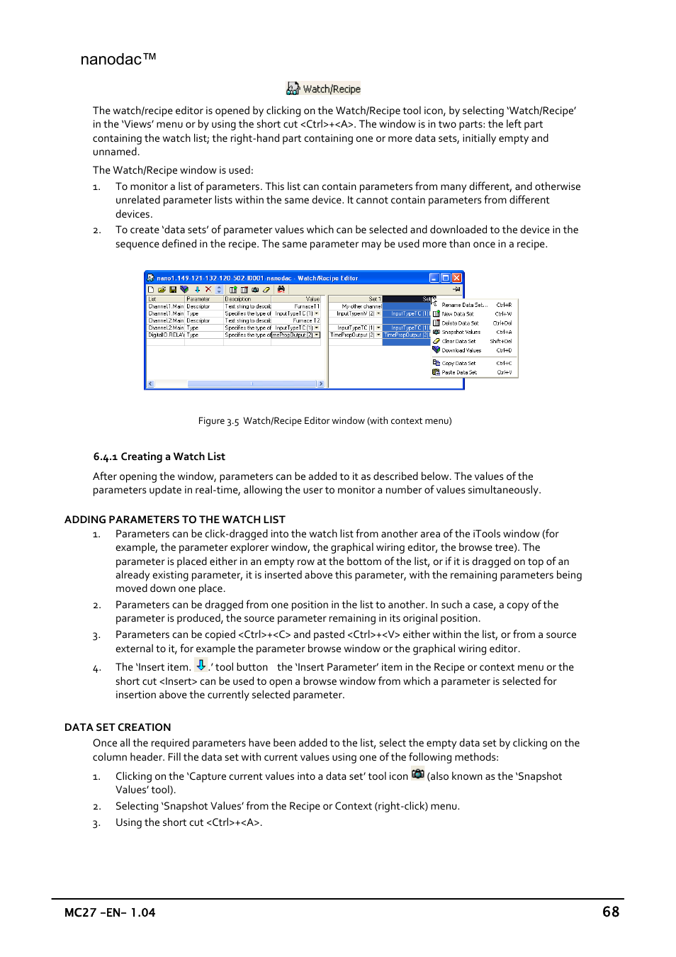 Watch/recipe editor, Creating a watch list, Nanodac | Carbolite nanodac User Manual | Page 70 / 122