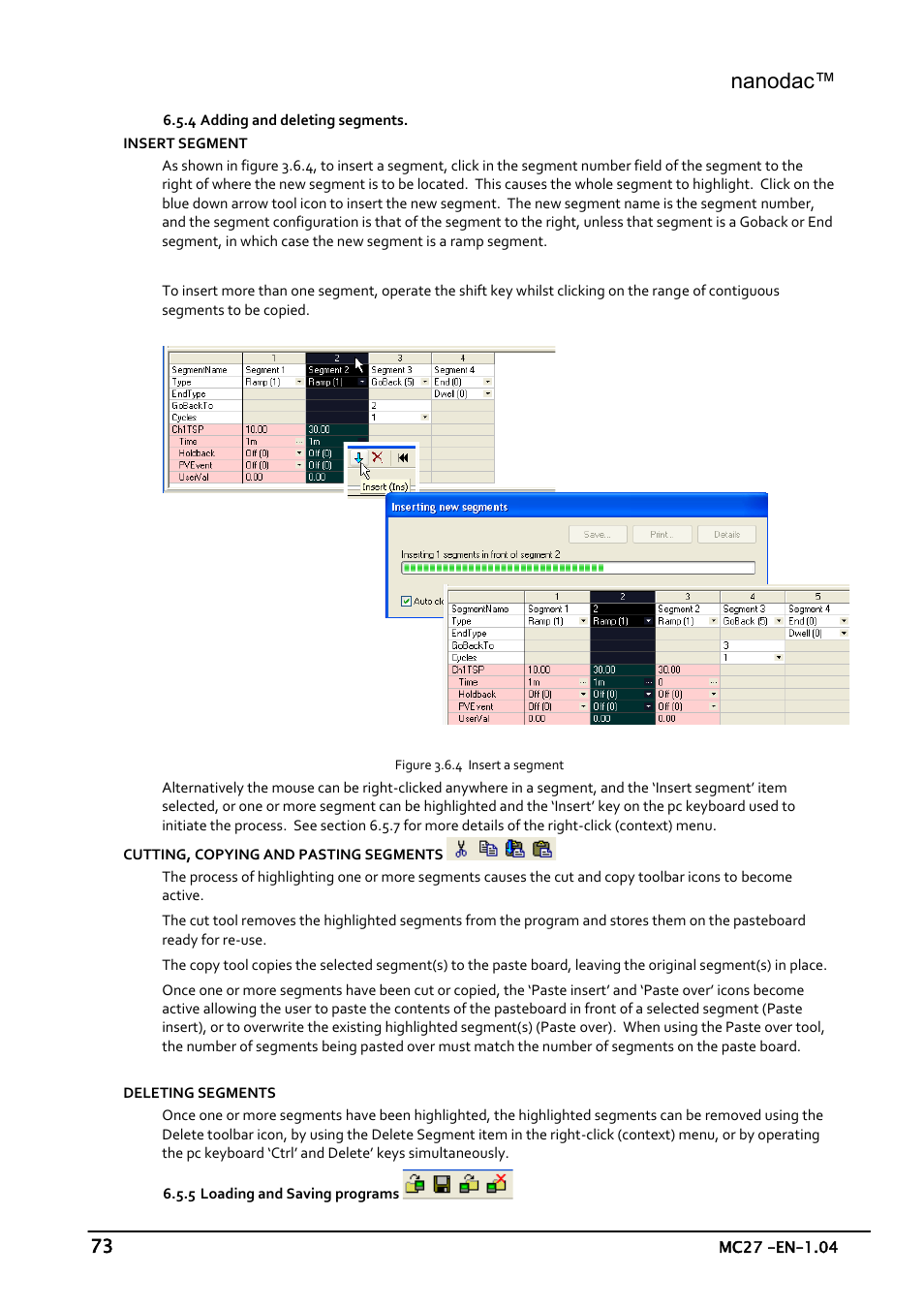 Adding and deleting segments, Loading and saving programs, Nanodac | Carbolite nanodac User Manual | Page 75 / 122