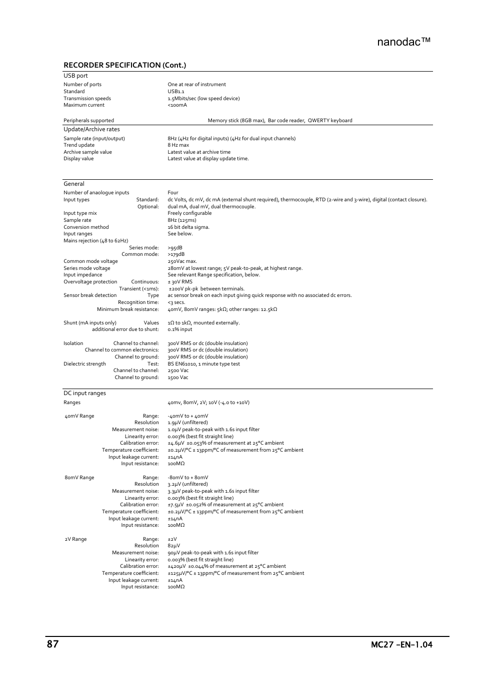 Analogue input specification, Nanodac, 2 analogue input specification | Recorder specification (cont.) | Carbolite nanodac User Manual | Page 89 / 122