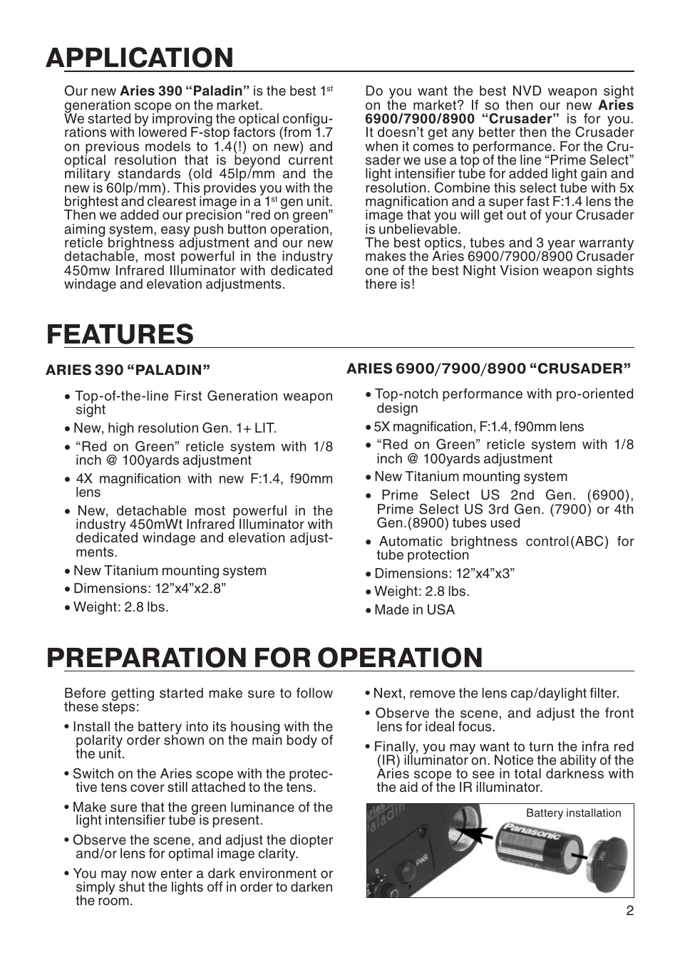 Application, Features, Preparation for operation | ATN Aries 7900 User Manual | Page 3 / 8
