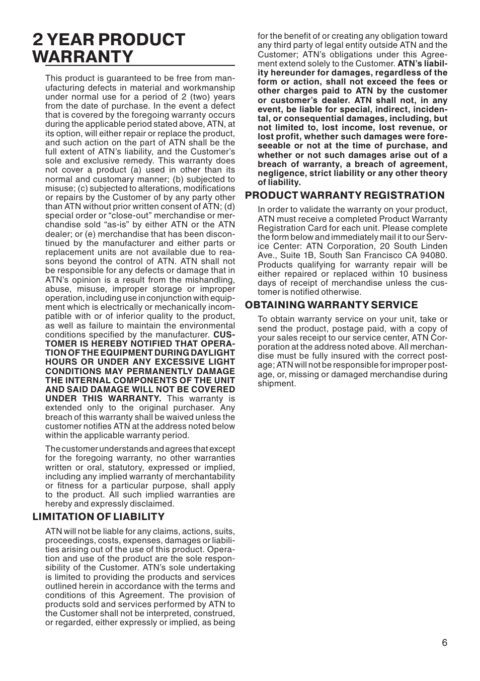2 year product warranty | ATN 6800c User Manual | Page 7 / 8