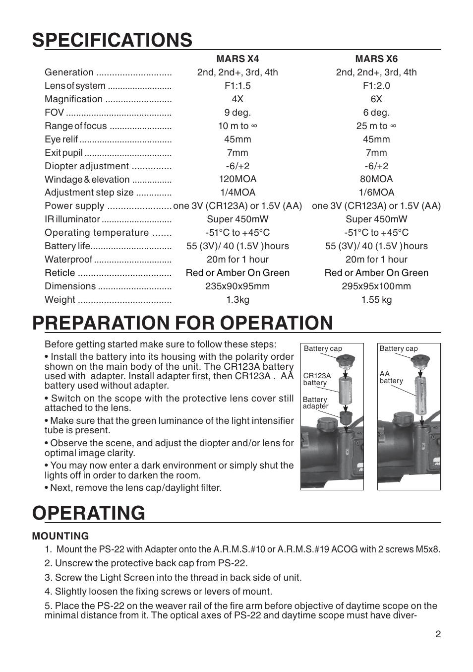 Specifications, Preparation for operation, Operating | ATN MArs x4 User Manual | Page 3 / 8