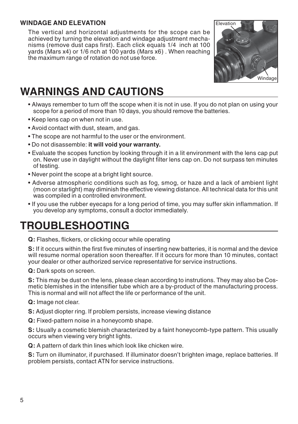 Warnings and cautions, Troubleshooting | ATN MArs x4 User Manual | Page 6 / 8