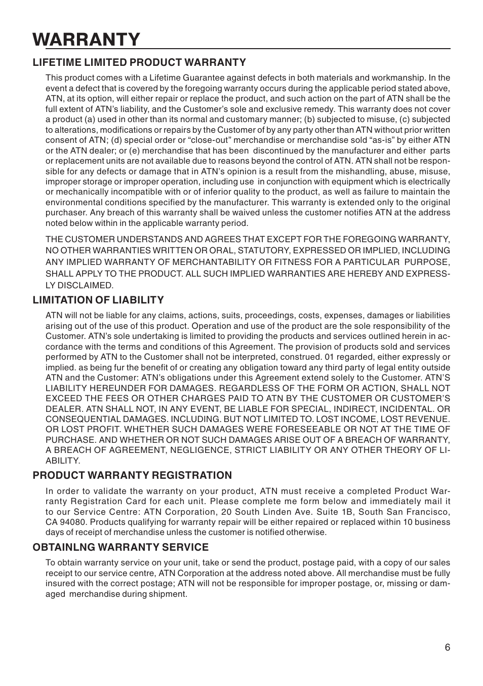 Warranty | ATN MArs x4 User Manual | Page 7 / 8