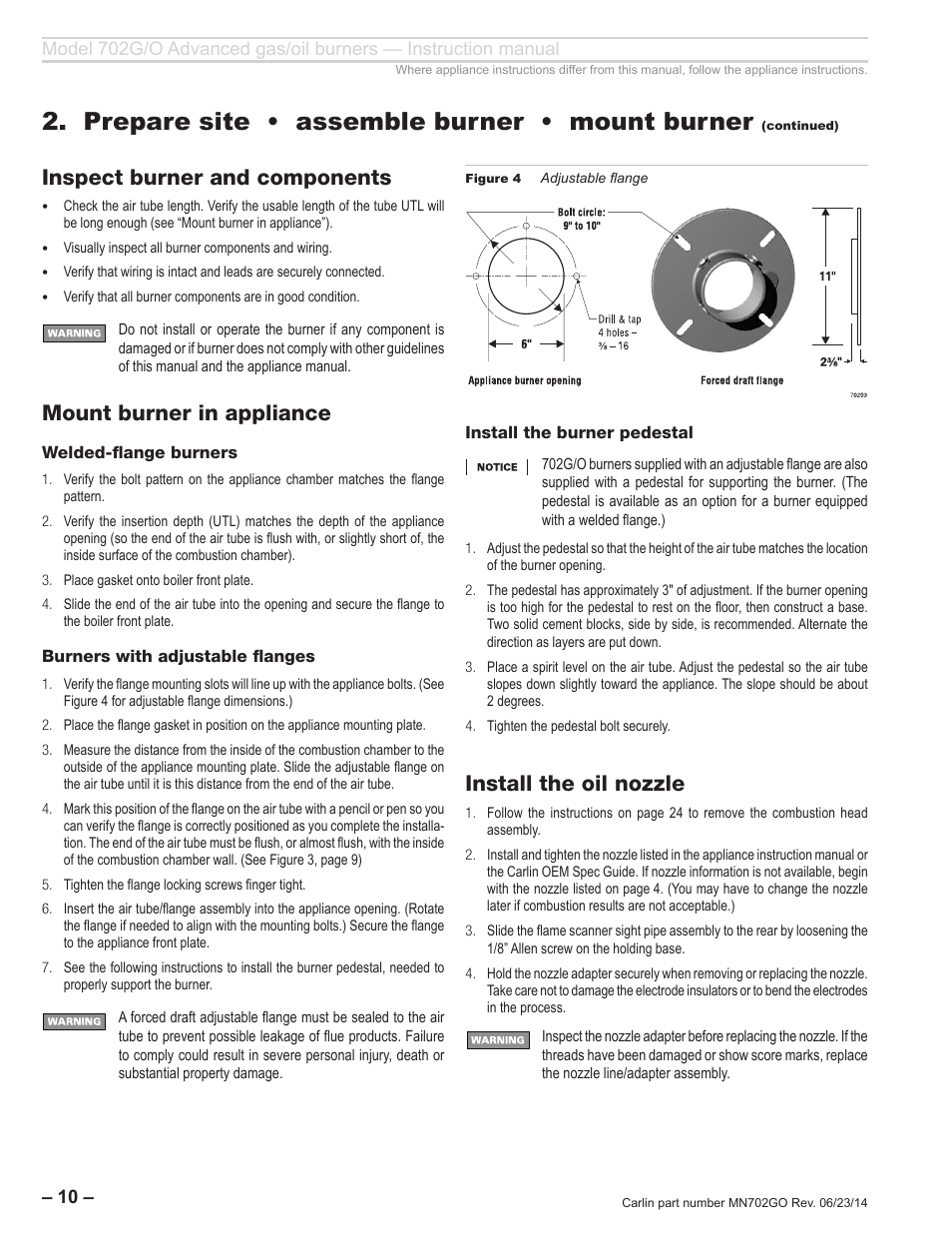 Prepare site • assemble burner • mount burner, Inspect burner and components, Mount burner in appliance | Install the oil nozzle | Carlin 702G/O Inst Manual User Manual | Page 10 / 32
