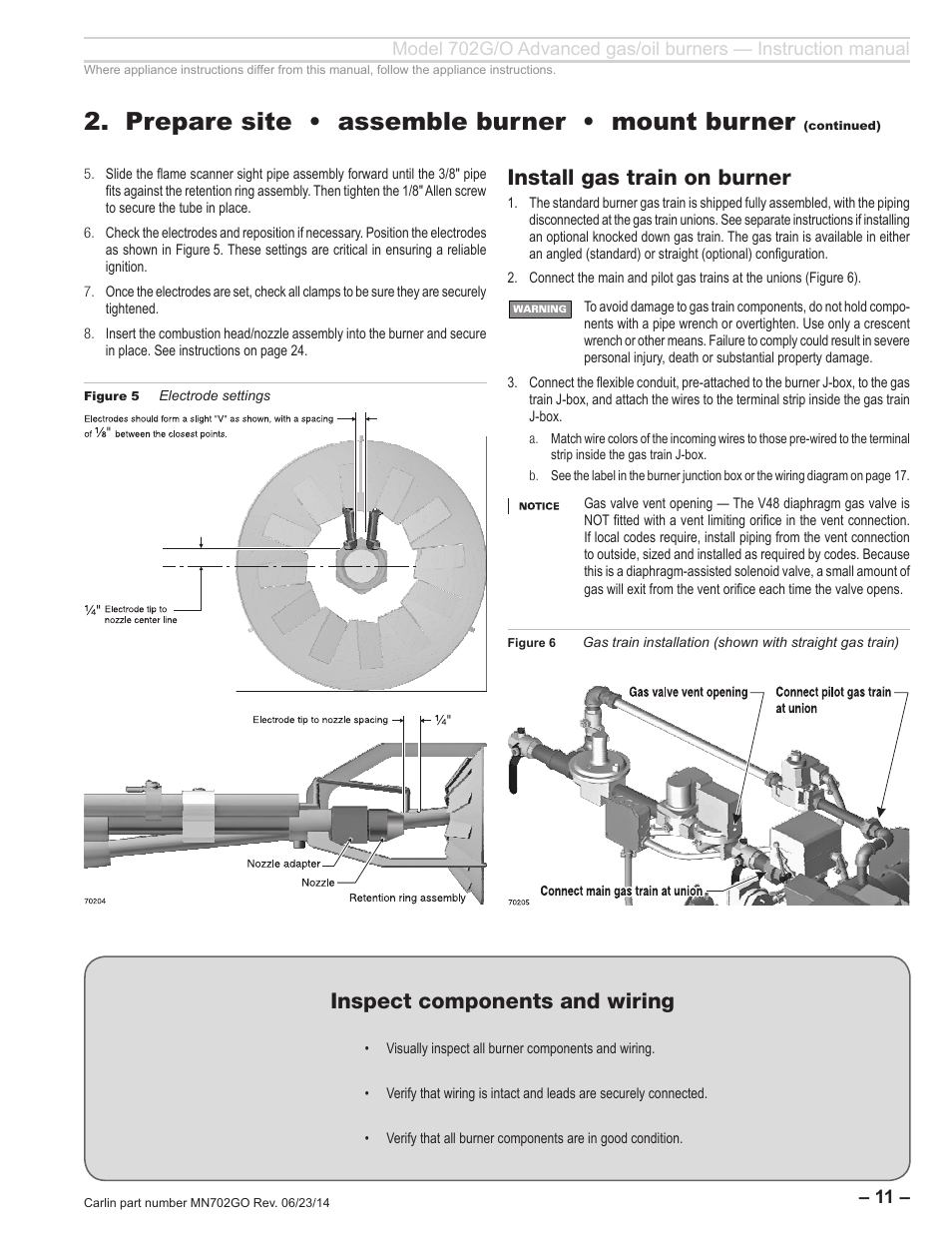 Prepare site • assemble burner • mount burner, Inspect components and wiring, Install gas train on burner | Carlin 702G/O Inst Manual User Manual | Page 11 / 32
