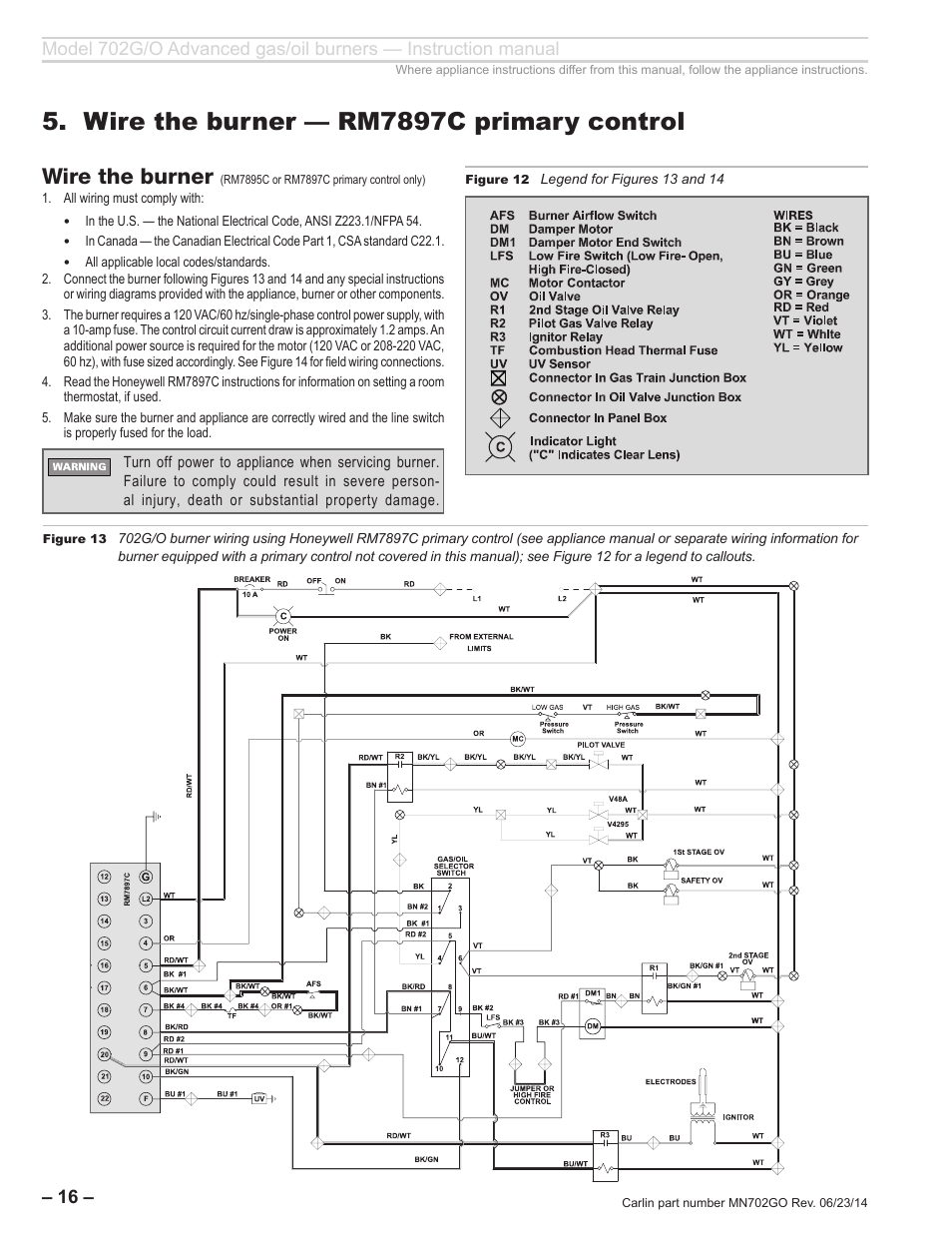 Wire the burner — rm7897c primary control, Wire the burner | Carlin 702G/O Inst Manual User Manual | Page 16 / 32