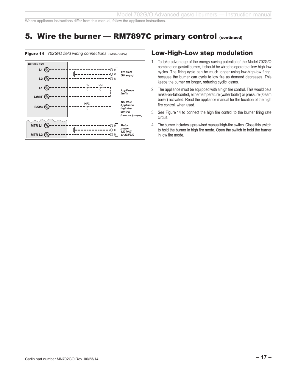 Wire the burner — rm7897c primary control, Low-high-low step modulation | Carlin 702G/O Inst Manual User Manual | Page 17 / 32