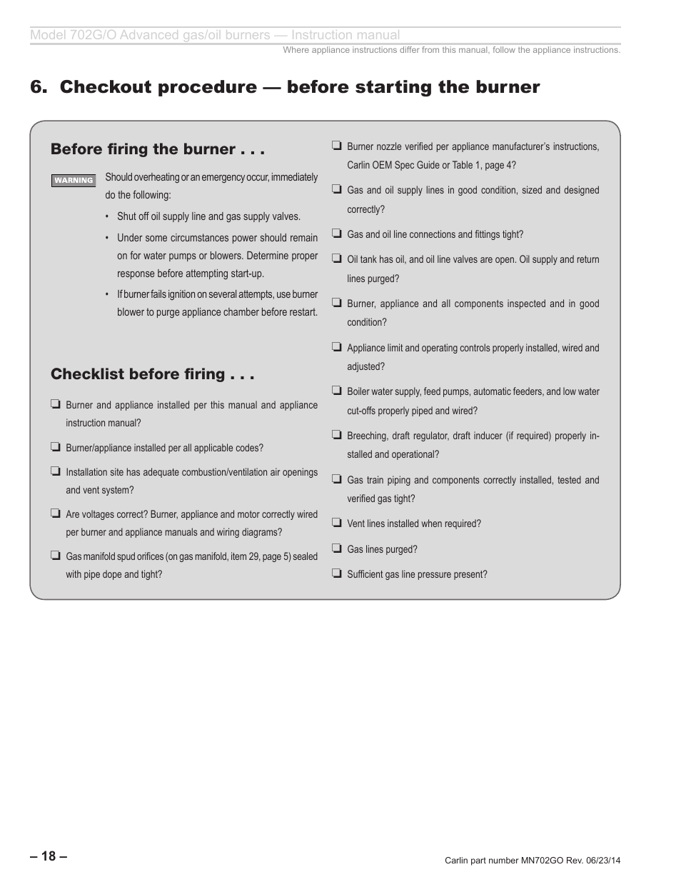 Checkout procedure — before starting the burner, Before firing the burner, Checklist before firing | Carlin 702G/O Inst Manual User Manual | Page 18 / 32