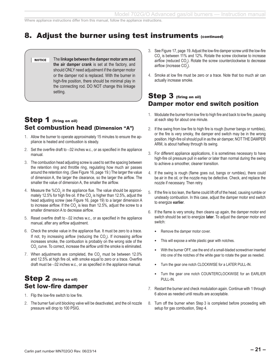 Adjust the burner using test instruments, Step 3, Step 1 | Step 2, Damper motor end switch position, Set combustion head, Set low-fire damper | Carlin 702G/O Inst Manual User Manual | Page 21 / 32