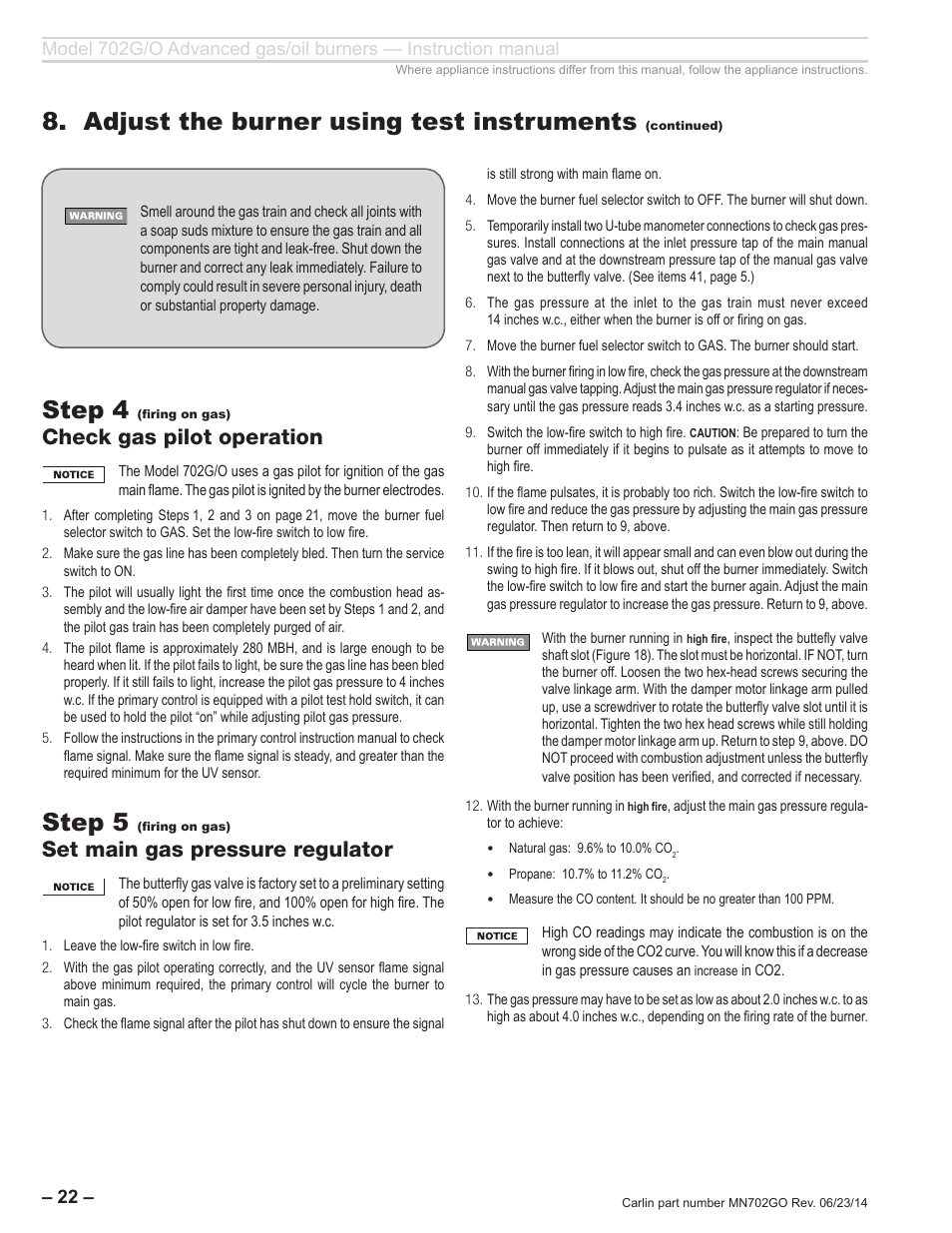 Step 4, Step 5, Adjust the burner using test instruments | Check gas pilot operation, Set main gas pressure regulator | Carlin 702G/O Inst Manual User Manual | Page 22 / 32
