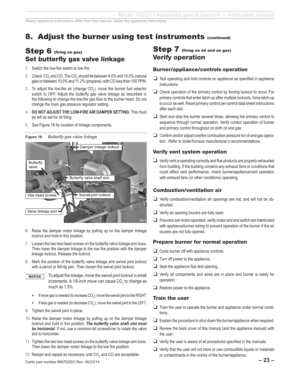 Step 6, Adjust the burner using test instruments, Step 7 | Set butterfly gas valve linkage, Verify operation | Carlin 702G/O Inst Manual User Manual | Page 23 / 32