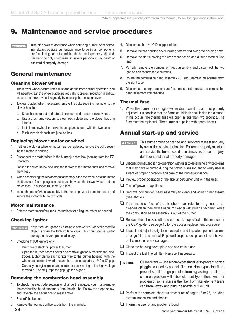 Maintenance and service procedures, Annual start-up and service, General maintenance | Carlin 702G/O Inst Manual User Manual | Page 24 / 32