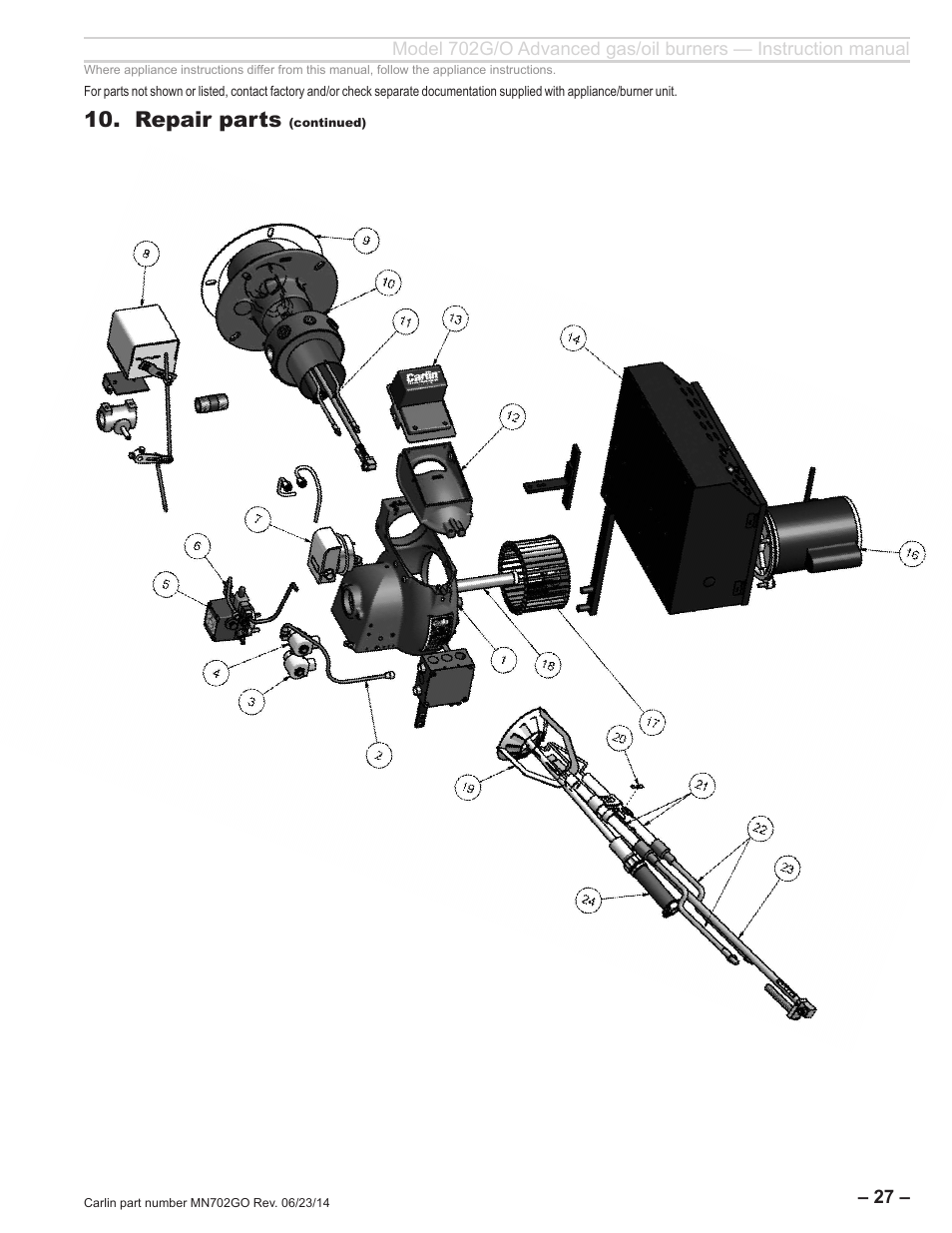 Repair parts, Item description part no | Carlin 702G/O Inst Manual User Manual | Page 27 / 32