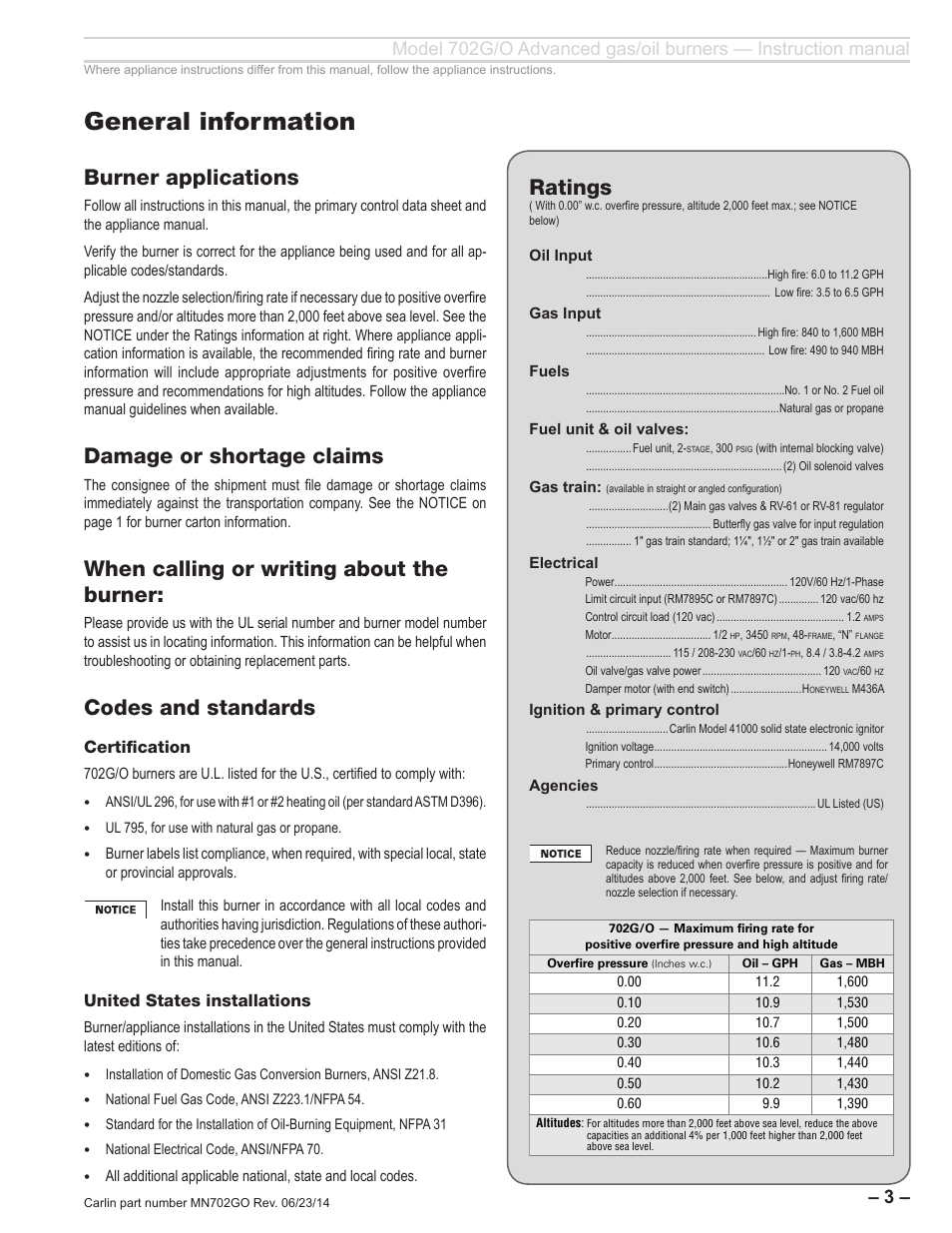 General information, Burner applications, Damage or shortage claims | When calling or writing about the burner, Codes and standards, Ratings, Certification, United states installations | Carlin 702G/O Inst Manual User Manual | Page 3 / 32