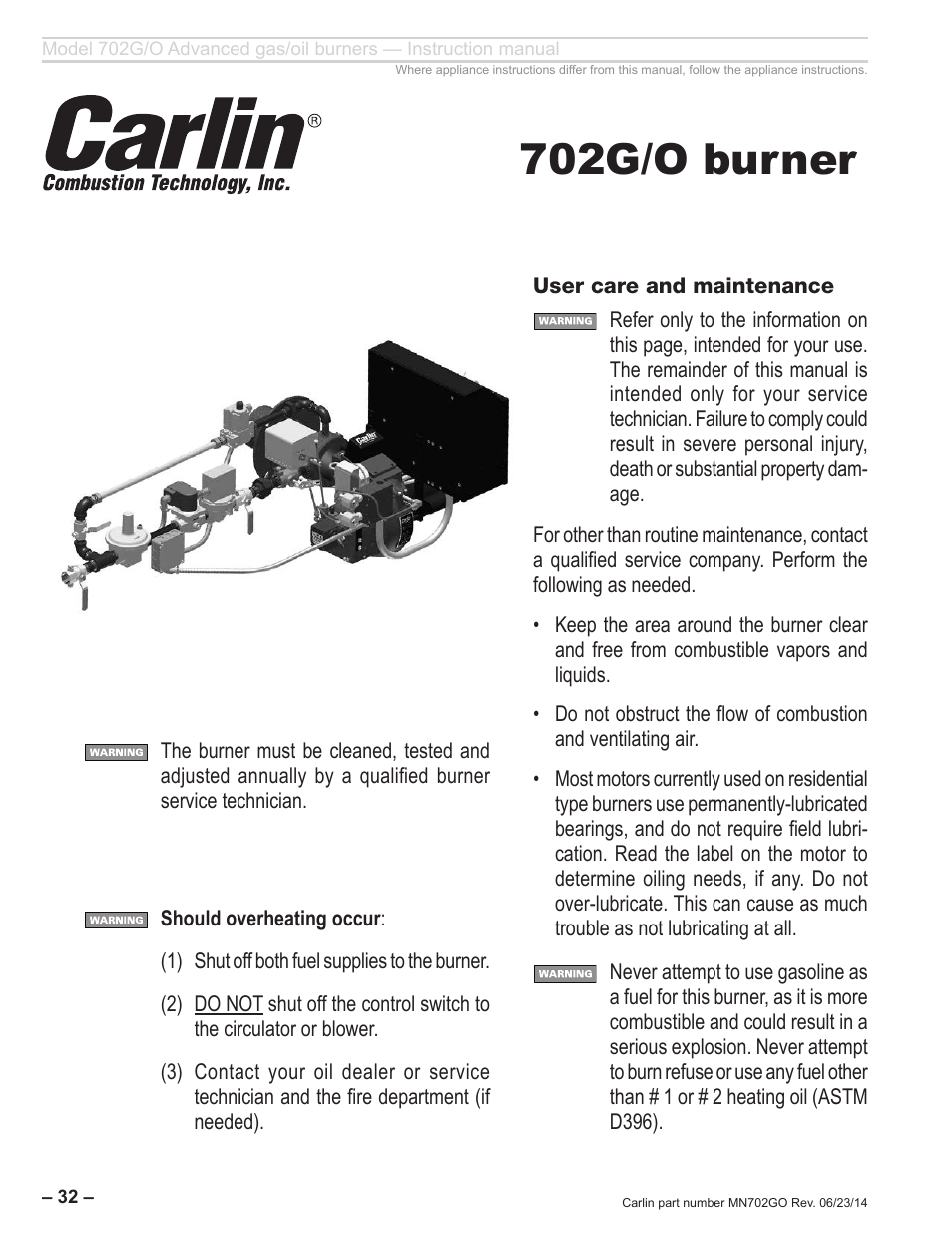 702g/o burner | Carlin 702G/O Inst Manual User Manual | Page 32 / 32