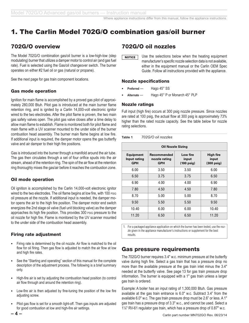 The carlin model 702g/o combination gas/oil burner, 702g/o overview, 702g/o oil nozzles | Gas pressure requirements | Carlin 702G/O Inst Manual User Manual | Page 4 / 32