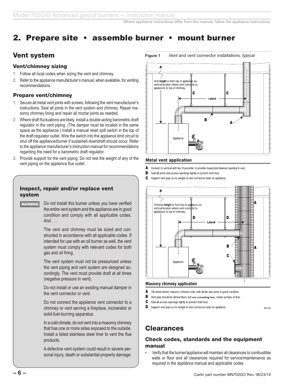 Prepare site • assemble burner • mount burner, Vent system, Clearances | Carlin 702G/O Inst Manual User Manual | Page 6 / 32