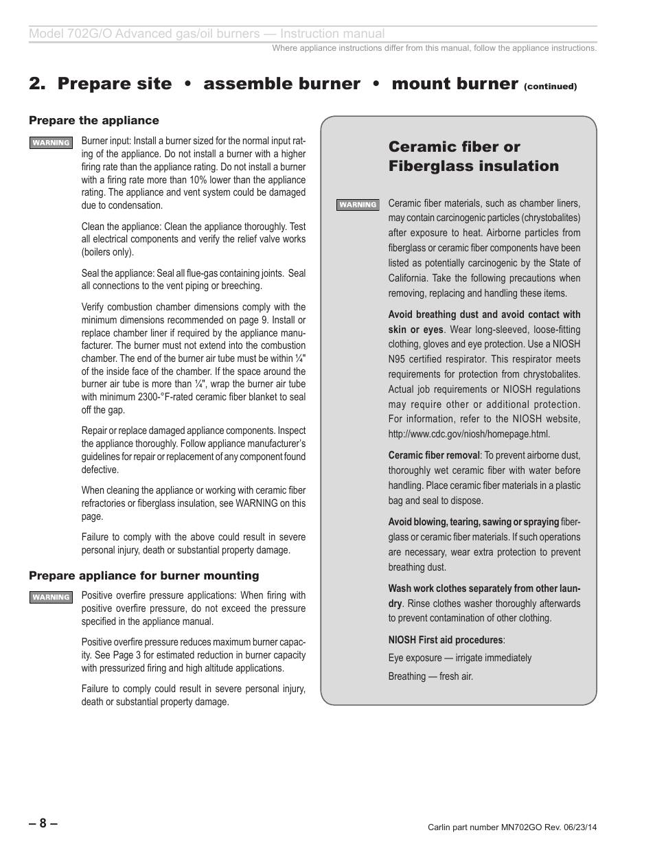 Prepare site • assemble burner • mount burner, Ceramic fiber or fiberglass insulation | Carlin 702G/O Inst Manual User Manual | Page 8 / 32