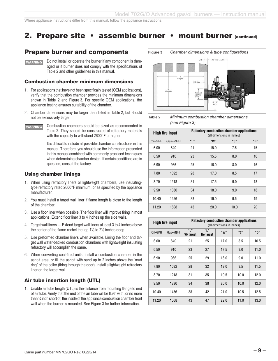 Prepare site • assemble burner • mount burner, Prepare burner and components, Combustion chamber minimum dimensions | Using chamber linings, Air tube insertion length (utl) | Carlin 702G/O Inst Manual User Manual | Page 9 / 32