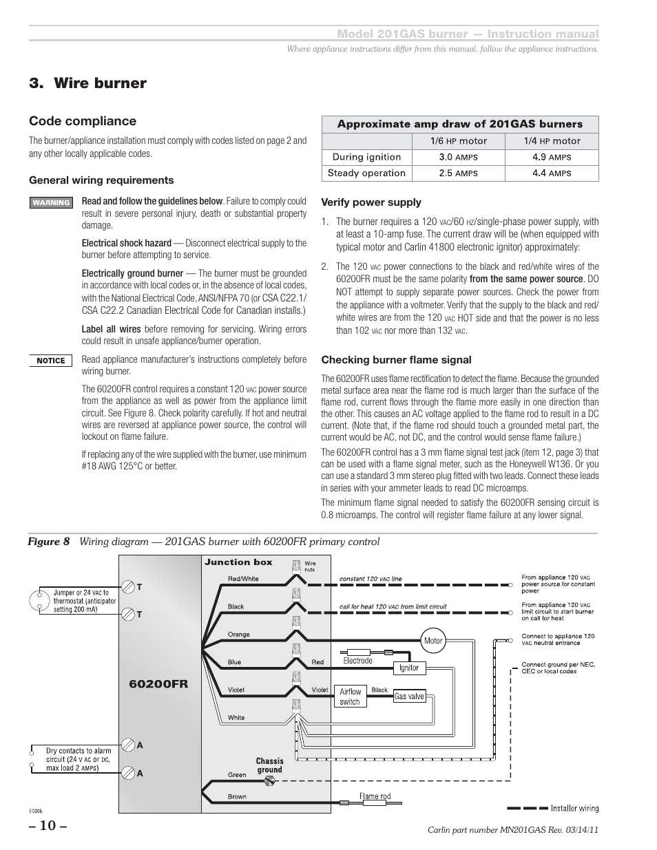 Wire burner, Code compliance | Carlin 201GAS User Manual | Page 10 / 24