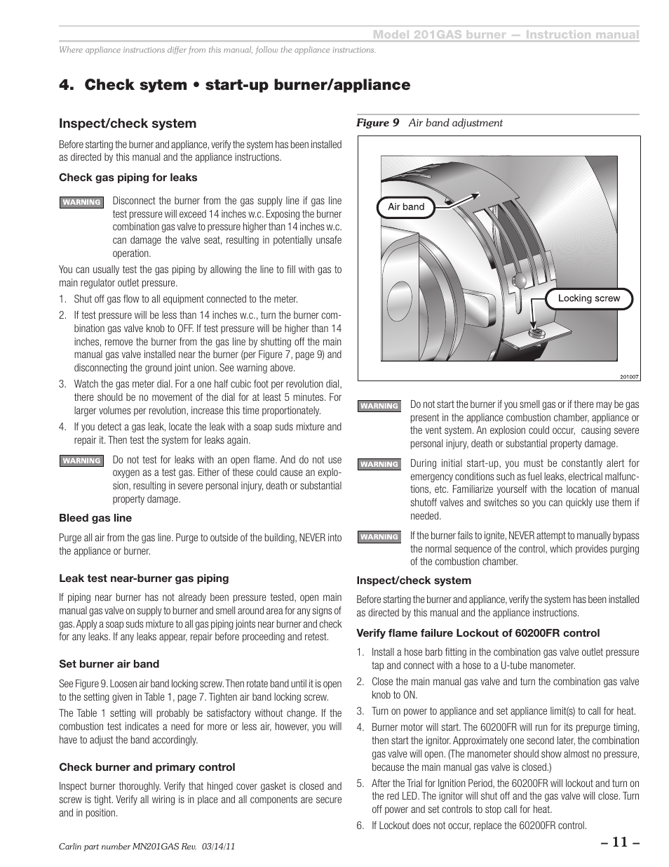 Check sytem • start-up burner/appliance | Carlin 201GAS User Manual | Page 11 / 24