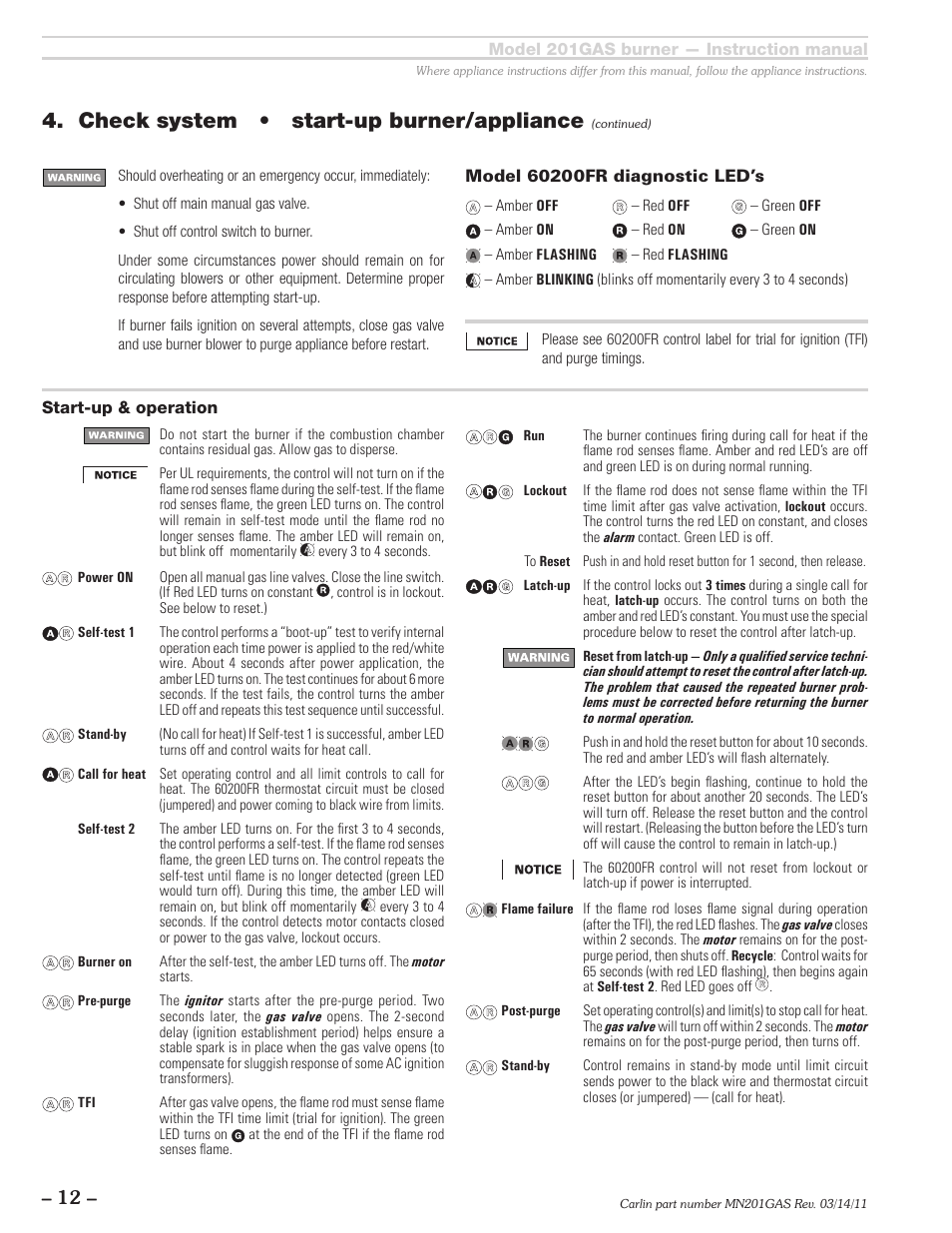 Check system • start-up burner/appliance | Carlin 201GAS User Manual | Page 12 / 24