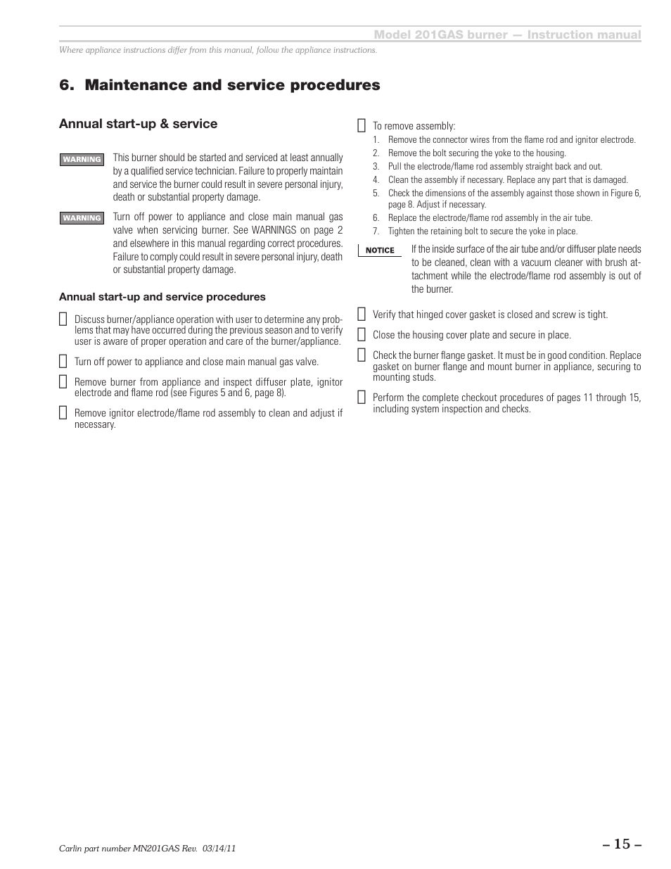 Maintenance and service procedures | Carlin 201GAS User Manual | Page 15 / 24