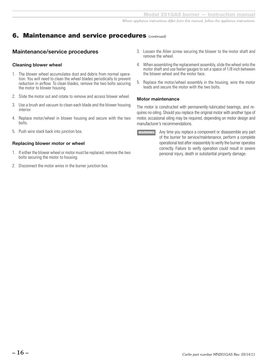Maintenance and service procedures | Carlin 201GAS User Manual | Page 16 / 24