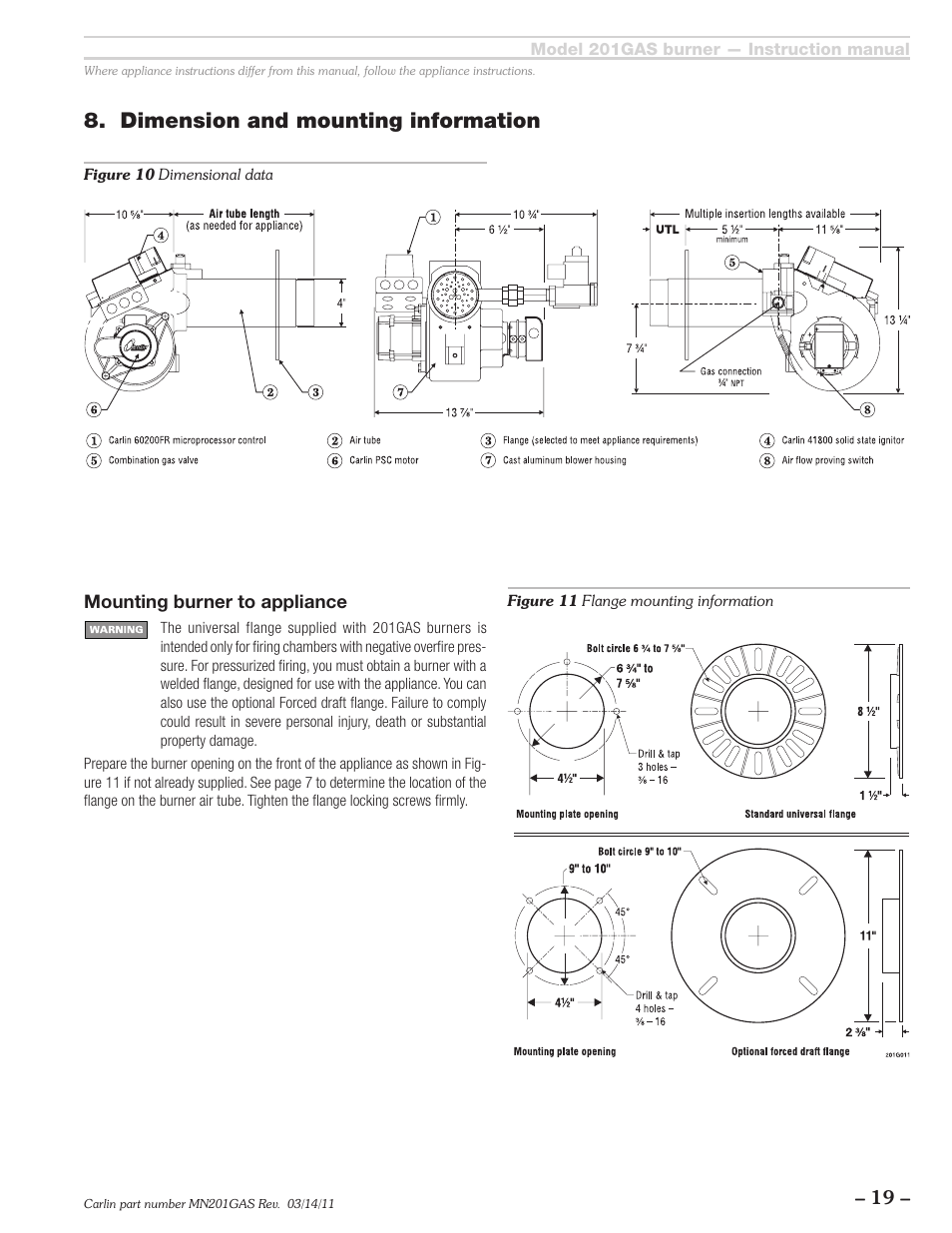 Dimension and mounting information | Carlin 201GAS User Manual | Page 19 / 24